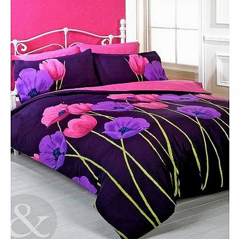 BOLD FLORAL Bedding Quilt Set Luxury Poly Cotton Duvet Cover Set Plum ( purple claret aubergine damson ) Single Duvet Cover ( soft kids girls childrens )