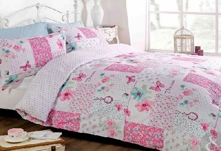 BUTTERFLY FLORAL PATCHWORK DUVET COVER - Reversible White & Pink Bedding Bed Set Pink & White Double Duvet Cover ( girls bedroom )