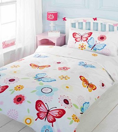 Just Contempo Fresh amp; Colourful Butterfly DUVET COVER in White Pink Red and Blue - For Girls White Pink Yellow Blue Green Double Duvet Cover ( Cotton Blend )