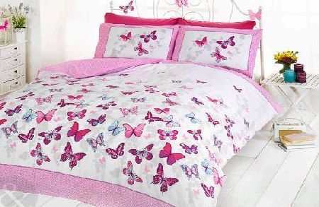 GIRLS BUTTERFLY BEDDING - Reversible Polka Dot Cotton Rich Duvet Cover Bed Set Pink ( white purple teal ) Single Duvet Cover ( kids childrens )