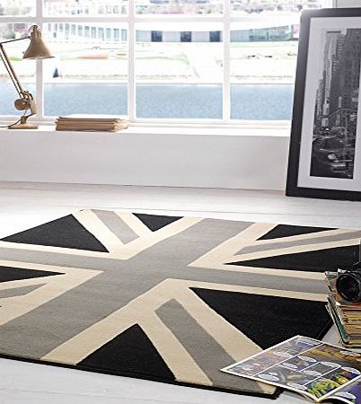Just Contempo Union Jack Carpet Rug - Retro Grey Cream Black Floor Mat - Small Medium Large Grey Cream Black 120x160cm (40``x53``)