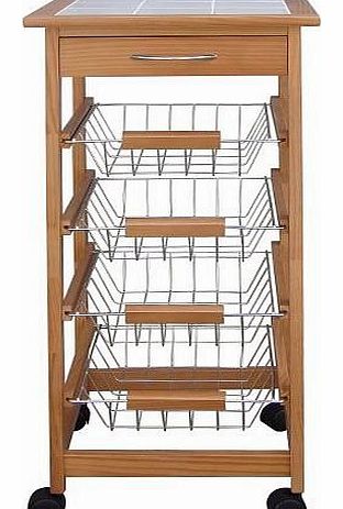 Wooden Kitchen Trolley Cart With Baskets, Drawer & Tile Top Chopping Board