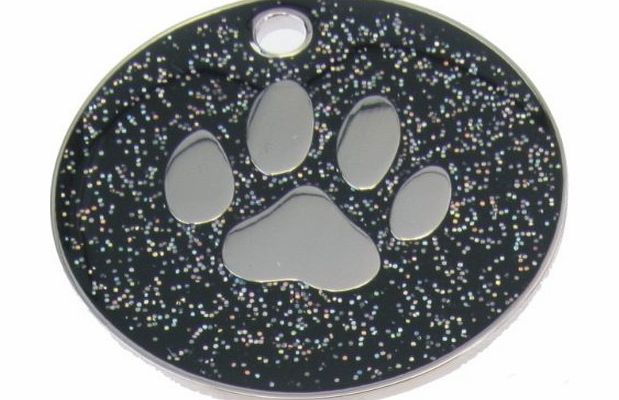 Just Pets Quality Enamel Black Glitter Dog Tag, Dog Paw Design, Personalised, Engraved Free