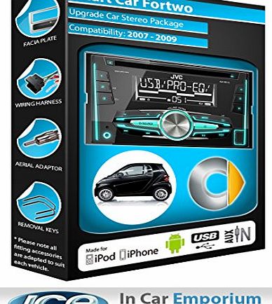JVC Smart Car Fortwo CD player radio, JVC car stereo with front USB AUX in play iPod iPhone Android