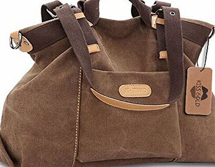 KISS GOLD (TM)Canvas Leather Casual Shopper Travel Tote Hobo Handbag Shoulder Bag (Coffee)