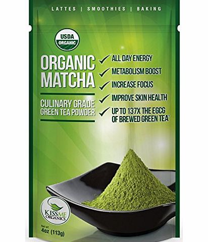 Kiss Me Organics Matcha Green Tea Powder - ORGANIC - All Day Energy - Green Tea Lattes - Smoothies - Baking - Superior Antioxidant Content - Improved Hair amp; Skin Health - Now From Japan! Culinary Grade