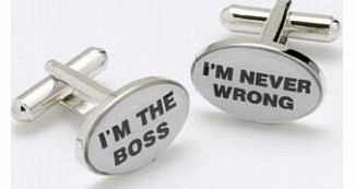 Mens Designer Fashion Cufflinks - Im The Boss / Im Never Wrong - For the Misguided Man