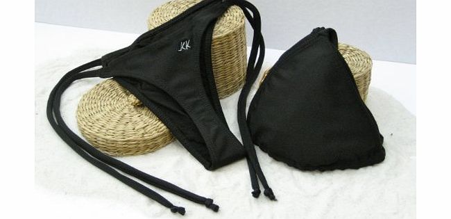 Brazilian Bikini Thong Set Lady String Swimwear Tiny Micro Bottom (Bottom UK10 + Top Large, Black)