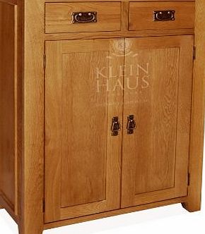Klein Haus Oak Furniture - Oak Shoe Cabinet - Shoe Cabinet with 2 Doors, 2 Drawers, 2 Height and Angle Adjustable Horizontal Shelves - Sherwood Oak - This Luxury Oak Occasional Furniture is Handmade from America