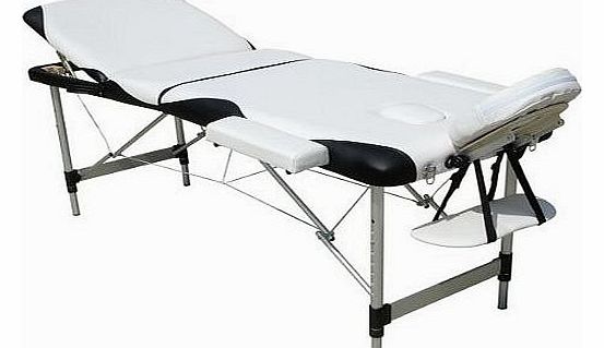 KMS FoxHunter Deluxe Portable Lightweight Massage Table Beauty Couch Bed Folded 3 Section Aluminium Frame White Black with Headrest Armsupport and Carrying Bag