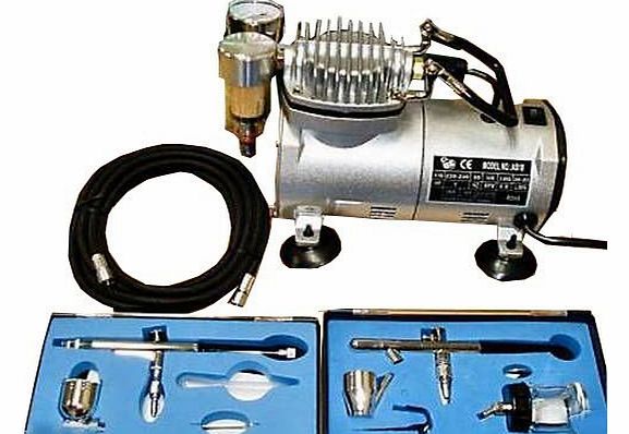 KMS FoxHunter KMS Airbrush Kit AS18 With Compressor and 2 x Double Action Airbrushes and Hose