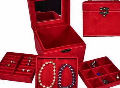 Kmy Kamays Luxury European 3 layer jewellery box with flannelette square type jewel storage case - RED