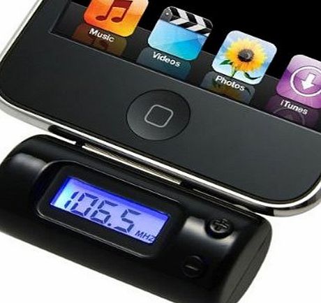 � FM Transmitter with Remote and Car Charger for iPhone and iPod with 30-pin Dock Connector / Transmits stereo quality sound to your Car Radio - Black