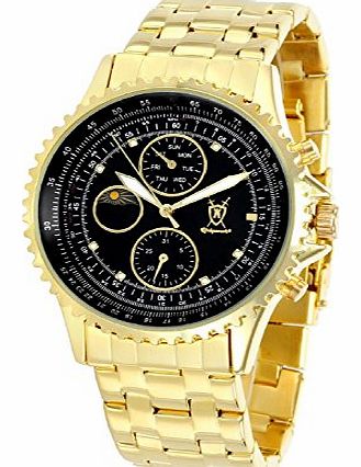Konigswerk Mens Gold Plated Bracelet Watch Black Dial Multifunction Crystal Markers SQ201477G