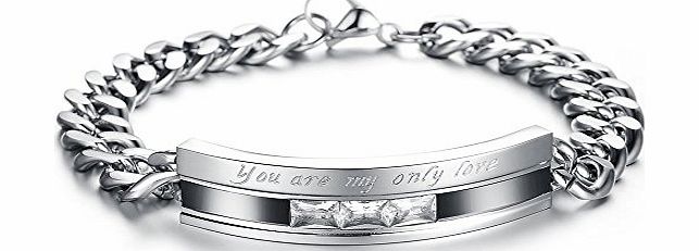  Jewellery Mens Cubic Zirconia Stainless Steel Bracelet, Love Couples Valentines Day Gift, ``You are my only love``, Black Silver (with Gift Bag)