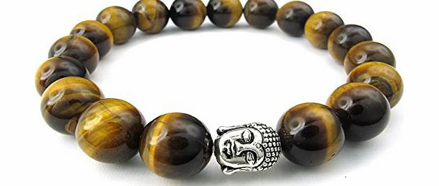 KONOV  Jewellery Mens Tiger Eye Gemstone Bracelet, 12mm Beads, Buddha Mala, Brown Silver (with Gift Bag)