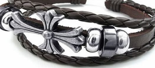 KONOV  Jewellery Mens Womens Leather Bracelet, Vintage Celtic Cross Charm Bangle, fit 7-9 inch, Black Silver (with Gift Bag)