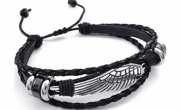 KONOV  Jewellery Mens Womens Leather Bracelet, Vintage Wing, Fit 7-9 inch, Black Silver (with Gift Bag)