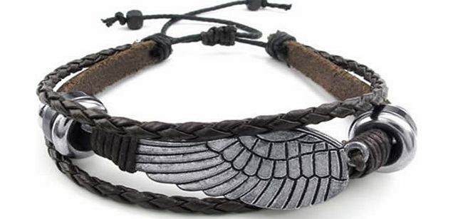 KONOV  Jewellery Mens Womens Leather Bracelet, Vintage Wing, Fit 7-9 inch, Brown Silver (with Gift Bag)