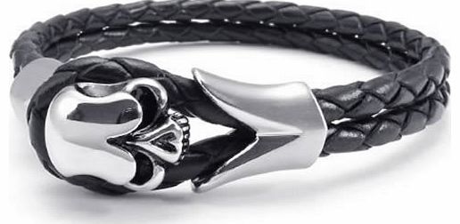 KONOV  Jewellery Stainless Steel Gothic Skull Leather Biker Mens Bracelet, Colour Black Silver, 9`` (with Gift Bag)