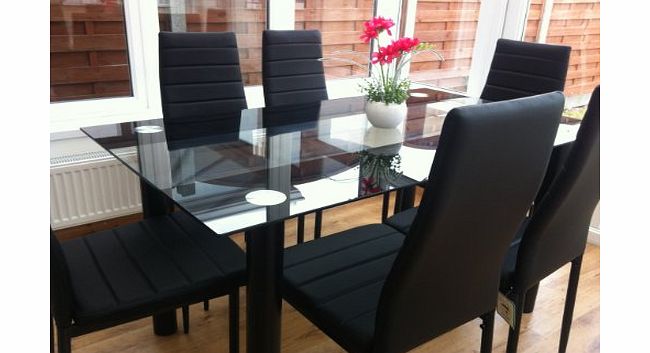 KOSY KOALA STUNNING GLASS BLACK DINING TABLE SET AND 6 FAUX LEATHER CHAIRS