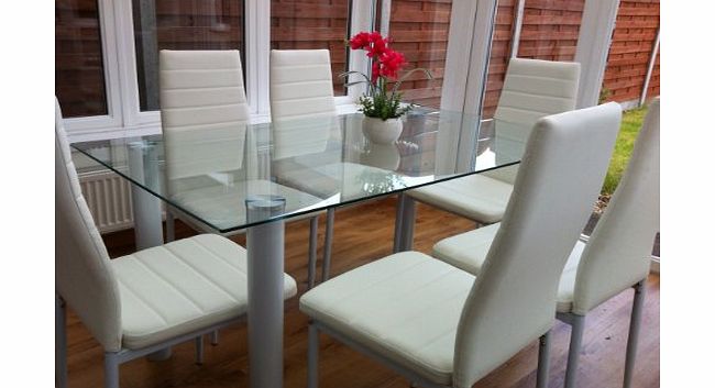 KOSY KOALA STUNNING GLASS WHITE DINING TABLE SET AND 6 FAUX LEATHER CHAIRS