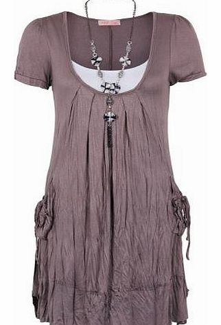 2 in 1 Boho Crinkled Pleated A Line Necklace Mini Tunic Dress Summer 3303 (Mocha Brown,12)