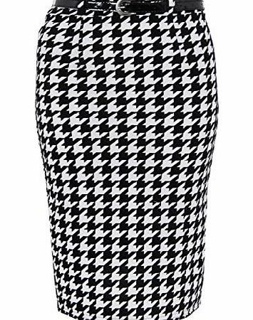 Krisp Belted Dogtooth Pencil Midi Skirt (14,Black/White)