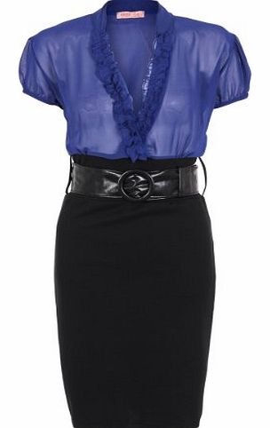 Krisp  Belted Contrast Frilled Neck Low Cut Chiffon Bodycon Ponte Dress Party (Royal ,18 )