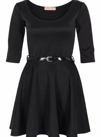  Womens Belted 3/4 Sleeve Pleated Tailored Mini Skater Dress Top Retro Vintage Size 8 10 12 14 16 18 20 (9072) (8, Black)