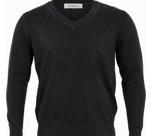 Mens Plain Colour Thin Knit V Neck Fashion Knitted Jumper Sweater Top Pullover (Dark Grey,L)