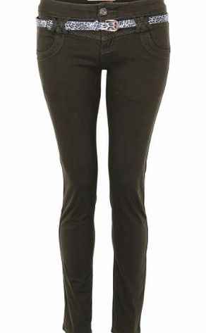 Krisp Womens Ladies Animal Belt Stretch Slim Skinny Fit Jeans Coloured Trousers Pants (Khaki,8)