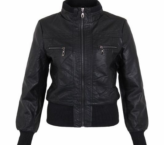 Krisp Womens Ladies Zip Up Soft PU Leather High Neck Cropped Bomber Biker Jacket Coat (Black,14)