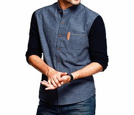 KUEGOE Blue and navy pure cotton grandad shirt