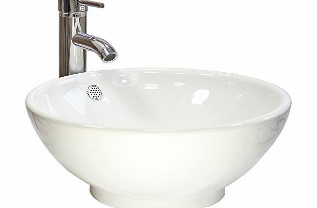 KuKoo Bathroom Sink Round Bowl White Ceramic Modern Gloss Basin Cloakroom Countertop - with FREE Tap and Pop-up Plug