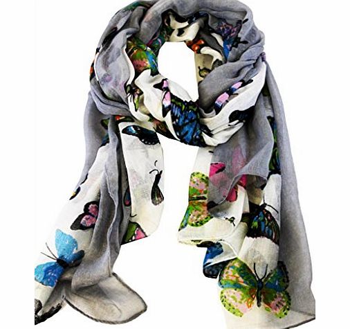Kukubird Butterfly Colour print long shawls / scarves / wraps / head scarf / pashmina-GREY