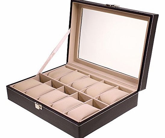 Black Faux Leather 10-Watch Bracelet Display Case Box with 10 Pillow Puffs by Kurtzy TM