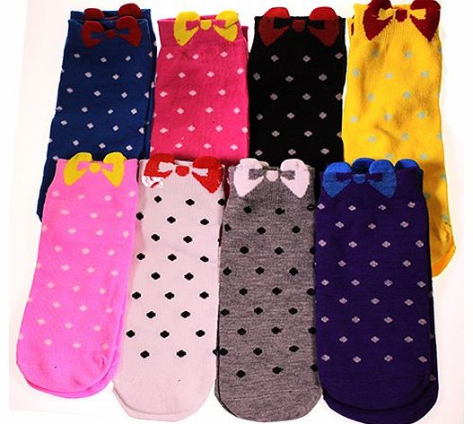 Ladies women children pretty bow spotty polka dot trainer socks pack of 8 in assorted colours by Kurtzy TM