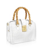 Bamboo Handles White Croco Stamped Leather Doctor-style Bag