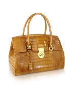 L.A.P.A. Camel Croco Stamped Genuine Leather Satchel Bag