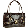Dark Brown Buckled Croco-Style Leather Shoulder Bag