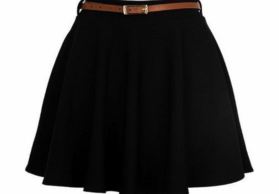 Womens Girls Short Skirt Skater Belted Stretch Waist Plain Flippy Flared (10, Black)