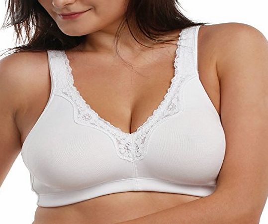 Womens Cotton Non Padded Lace Trim Full Coverage Wirefree Bra White 46C