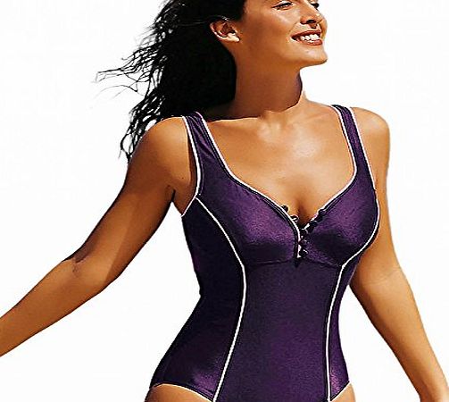 La Isla Womens One Piece Built-in Cup Deep V Button Swimwear Swimsuit Purple 18