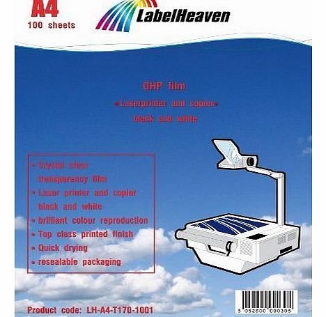 100 sheets Laser overhead projector film (transparency film), A4 (210x297mm), crystal clear, compatible with Black and White Laser Printers and Copiers from LabelHeaven Ltd