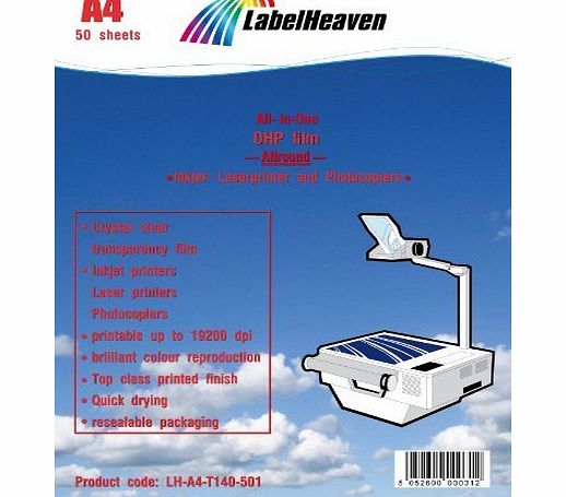 LabelHeaven Ltd 50 sheets Inkjet/Laser overhead projector film OHP (transparency film), A4 (210x297mm), crystal clear, compatible with Inkjet and Laser printers