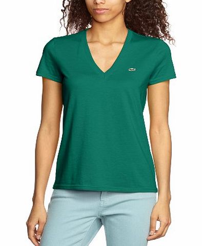 Lacoste Womens Short Sleeve V-Neck Jersey T-Shirt, Shrub, Size 14(Manufacturer Size: EU 42)
