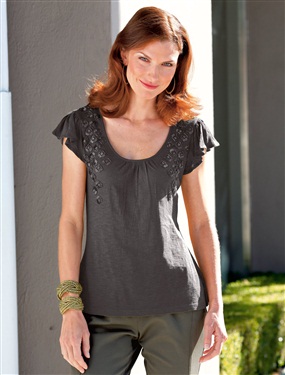 Beaded Neck T-Shirt with Butterfly Sleeves
