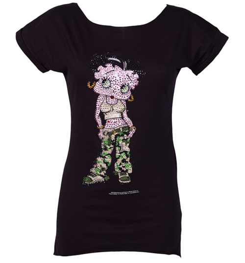 ladies Betty Boop Diamante Army Oversized T-Shirt
