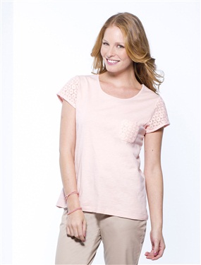 Ladies Broderie Anglaise Patch Pocket T-Shirt